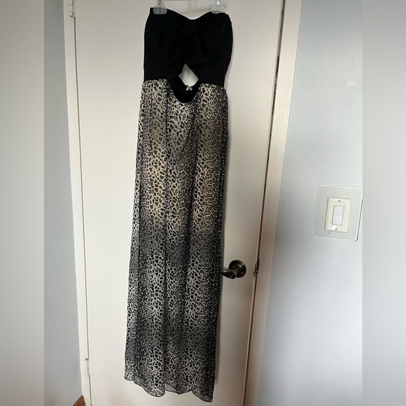 Satin black and cheetah Maxi dress animal print ombre with big bow size XS - Picture 4 of 4